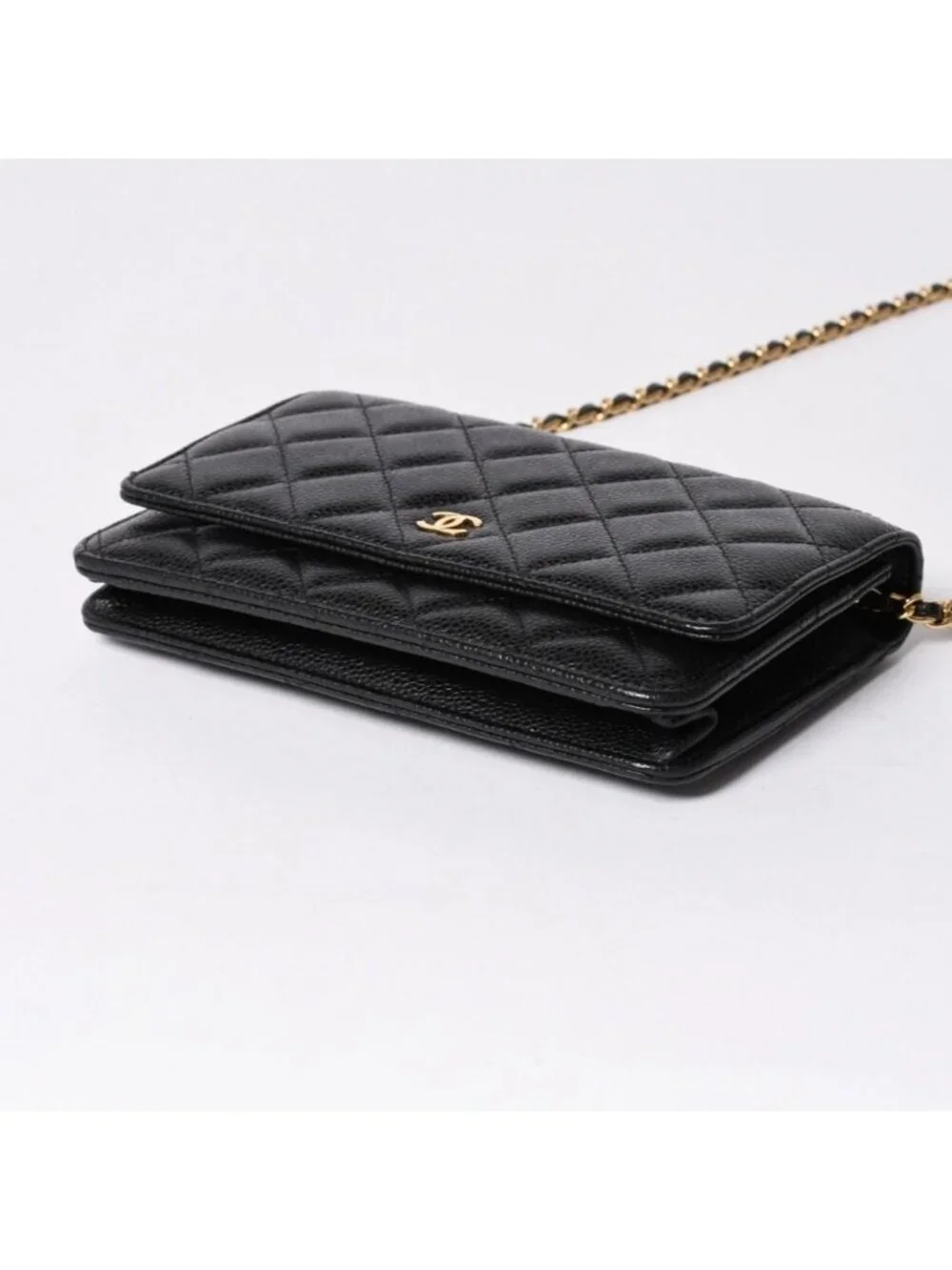 Chanel Chain Wallet CC Logo Caviar Leather Black Gold Shoulder Bag